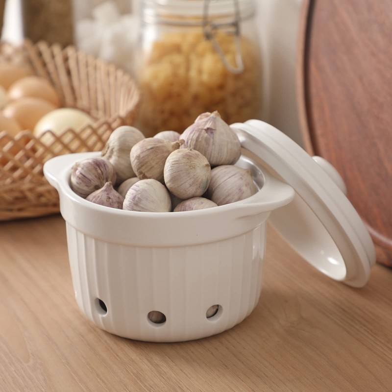 HAOTOP Garlic Keeper with Lid, Ceramic Garlic Saver Container for