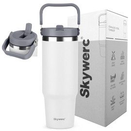Skywerc 30 oz Tumbler with Handle, Spill Proof Tumbler with Flip Straw and Top Handle, Reusable Insulated Water Bottles Cup for Home, Office, Fit in Cup Holder, Keep Cold for 30 Hrs(White)