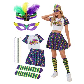 Leevuyu Women Mardi Gras Costume Outfits Crop Top Skirt Sets with Socks Mask Headband Necklace LYY026-1-M