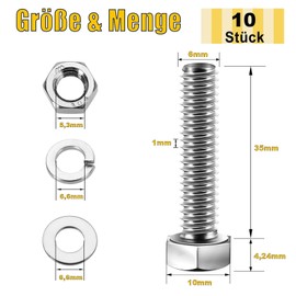 ORTAVA Hexagon Screws M6 x 35, Screws Bolts with Hex Head Including Washers, Spring Washers and Nuts, Screws Outer Hexagon Made of Stainless Steel A2 V2 (Pack of 10)