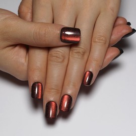 Medium Square Press on Nails Red to Black Gradient Cat Eye Press on Nails with Glue for Women Ashionable Gel False Nails Reusable Acrylic False Nails Women's Glitter Nails Glue On Nails Kit