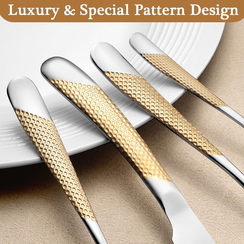 24 Piece Gold Hammered Silverware Set for 6, Premium Food-grade