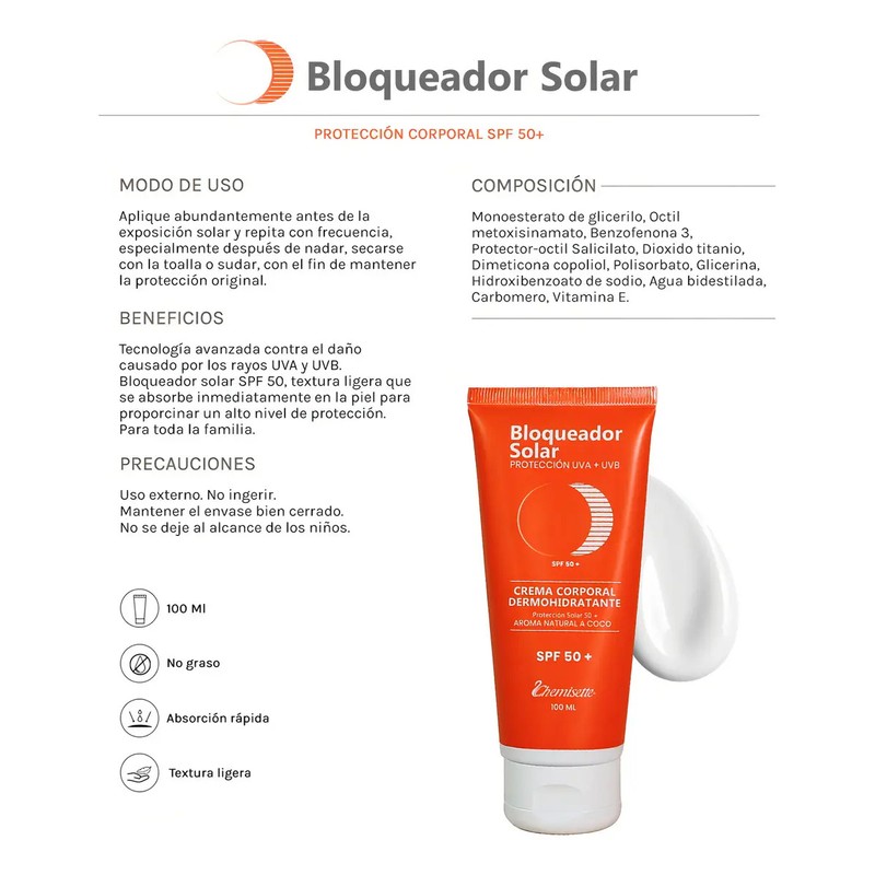 Bloqueador solar corporal FPS50 nutre la piel Chemisette