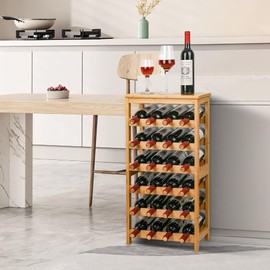 VASMIA Wine Rack Free Standing Floor, 6-Tier Display Wine Storage Shelves with Table Top, 24-Bottle Bamboo Wine Rack Shelf for Kitchen Bar Dining Room Living Room, Natural