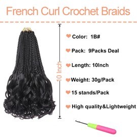 Mscat 10 Inch French Curl Crochet Braids 9 Packs Goddess Box Braids Crochet Hair Pre Looped Crochet Box Braids with Curly Ends Braiding Hair Extensions 1B#