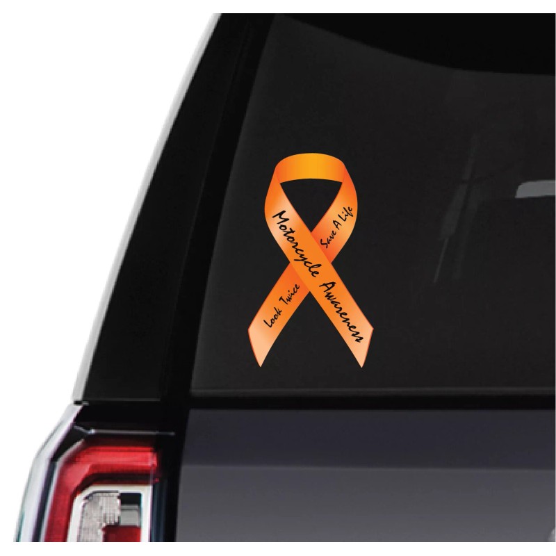 FDC Motorcycle Awareness Orange Ribbon Vinyl Decal, Look Twice -