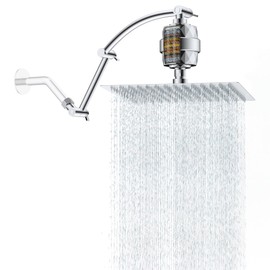 Hibbent All Metal Rain Filtered Shower Head, 12'' High Pressure Rainfall Showerhead with 16" Shower Head Extension Arm, 20 Stage Shower Filter, Solid Brass Adjustable Shower Arm Extender, Chrome