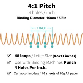 100 PCS Spiral Binding Coils 16mm Diameter Iron Spines for 140 Sheets 4:1 Pitch Binding Spirals A4 Spiral Binding Coil (Gold)