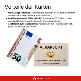 PROVISO TOOLS Car Gadgets, Scheisse Parked, Pack of 50 False Parker Cards in 50€ Euro Note Design, You Parked Like an Idiot, Poorly Parked Cards, Funny Gadgets - 85 x 55 mm