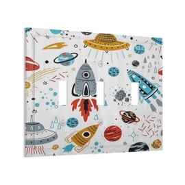 Cartoon Space Rocket Boys Universe Planet 3 Gang Light Switch Covers Decorative Unique Triple Toggle Wall Plate Electrical Faceplate Switchplate for Nursery Kidroom Bedroom Home Decor