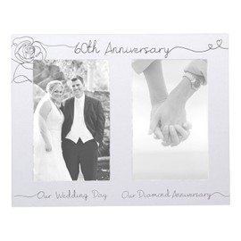 Happy Homewares Beautiful Matt White Double Picture Frame for 60th Wedding Anniversary with Silver Foil Text | Wedding Day Space and 60th Diamond Anniversary