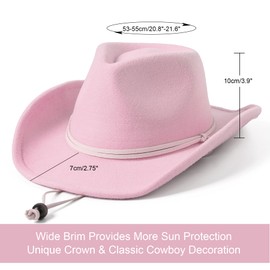 Jastore Kids Girls Boys Wide Brim Western Cowboy Cowgirl Hat with Wind Lanyard Felt Fedora Hat (Light Pink, 3-5 Years)