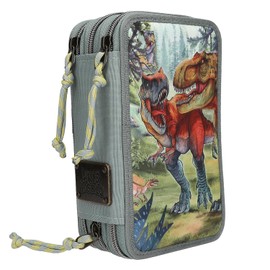 Depesche 13277 Dino World Bite - Filled 3-Compartment Pencil Case in Green, with Dino Motif and Forest, Pencil Case with Colouring Pencils, Ruler, Scissors and much more, multicoloured, Dino World