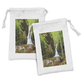 Ambesonne Waterfall Fabric Pouch Set of 2, Waterfall in Spring Season Like Winter in Bulgaria with Trees and Bushes, Small Drawstring Bag for Toiletries Masks and Favors, 9" x 6", Green and White