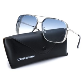 COASION Oversized Square Aviator Gradient Sunglasses for Men Vintage Metal Side Shield Steampunk Sun Glasses 62mm (Silver/Gradient Blue)