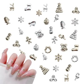 Nail Parts, Christmas, Set of 60, Cute, Christmas Tree, Reindeer, Belle, Gingerman, Snowflakes, Christmas Nail Parts, Gold, Silver, Metal Parts, Neil Art, Deco Parts