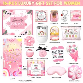 HSOEIXL Gifts for Nana, Mother‘s Day Basket Gifts for Best Nana, 16 pcs Birthday Gifts Basket from Granddaughter Grandchildren Grandkids New Nana Gifts Grandmother Gigi Care Package-Pink