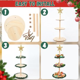Gerrii 23.6 Inch Christmas Tree Tiered Tray Decoration Christmas Tree Wooden Holder Xmas Tray Decorations Set Include Garland LED Light Golden Star for Holiday Display Light up Tabletop Xmas Tree Tray