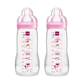 MAM Easy Active Baby Bottle with Fast Flow MAM Teats Size 3, Twin Pack of Baby Bottles, Baby Feeding, 330 ml, Colour: Pink (Designs May Vary)