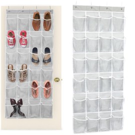 Over The Door Shoe Organiser with 24 13cmx23cm Large Clear Pockets, 56cmx150cm Multifunctional Storage, Space-Saving Hanging Storage for Shoes, Accessories and More, Grey