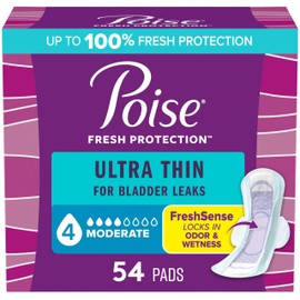 Poise Ultra Thin Incontinence & Postpartum Pads with Wings for Bladder Leaks, 4 Drop Moderate Absorbency, Regular Length, 54 Count, Packaging May Vary