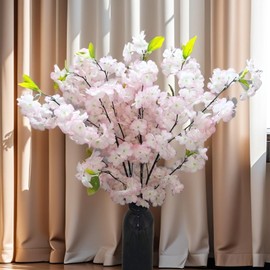 RHN Artificial Faux Cherry Blossom Branches Decor,37.5 in Fake Cherry Blossom Flowers Long Stems Realistic for Home Vase Arrangements Table Centerpiece Wedding Spring Decor(3 Pcs,Light Pink)