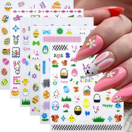 6 Sheets Easter Egg Rabbit Nail Stickers 3D Self-Adhesive Bunny Chick Carrot Nail Art Stickers Carrot Lovely Nail Decals Chick Flower Leaf Cute Bunny Nail Supplies for Women Acrylic Nails Decorations