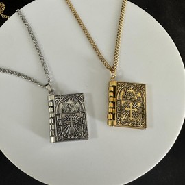 ONLYJUMP Holy Bible Book Pendant Necklace for Men Women Stainless Steel Book Necklace Retro Scripture Miniature Readable Bible Openable Prayer Verse Adjustable Chain Necklace Jewelry Gift (Silver)