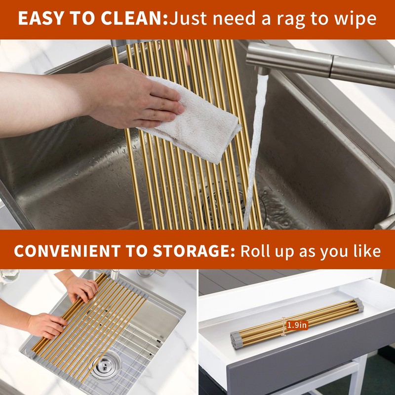 HAYAWEY Extra Large Golden Roll-UP Dish Drying Rack-Stainless Steel Dish