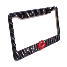 OTOSTAR 7 Row Pure Handmade Waterproof Bling Bling Rhinestones Stainless Steel Metal License Plate Frame 2 Holes with Matching Screws Caps (Black/Red Lip)
