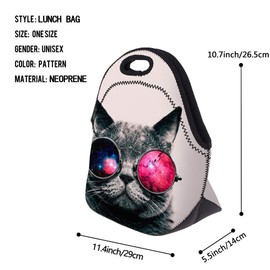 Insulated Neoprene Lunch Bag for Women,Men and Kids, Reusable Soft Lunch Tote for Work School (Cat with Glasses)