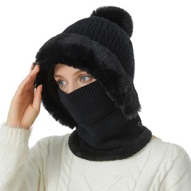 XGOPTS 3 In 1 Women Furry Knitted Hat Circle Scarf Mask Set Winter Thick Fleece Lined Knitted Scarf Pom Pom Beanie Hat Windproof Warm Knitted Cap Neck Warmer Set for Outdoor Sports