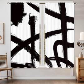 Black White Abstract Modern Geometric Living Room Bedroom Window Curtains