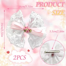 SAWINDA White Lace Hair Bows Pink Rose Hair Ribbons Cute Tulle Bows for Hair Sweet Bow Hair Clips Hair Ribbons Flower Dot Mesh Alligator Hair Barrettes Accessories for Teens and Girls 2 Pack