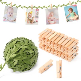 Leinuosen 51 Pcs Leaf Ribbon with 1.35 Inch Mini Clothespins for Photo, Artificial Vines Leaves Line and Wood Picture Clips Craft for Wild Jungle Baby Shower Wedding Birthday Party Decor (33 ft)