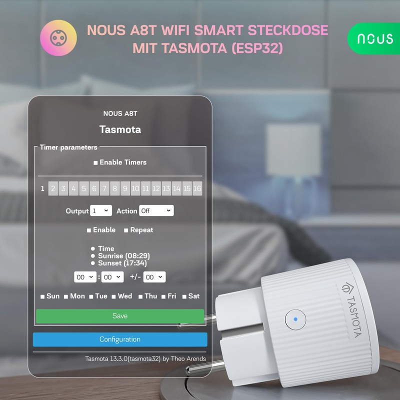 Tasmota Socket NOUS A8T, Smallest WiFi ESP32 Smart Plug, 10A