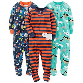Simple Joys by Carter's Baby Boys' 3-Pack Snug Fit Footed Cotton Pajamas, Navy Space/Rust Stripe/Turquoise Green Dogs, 2T