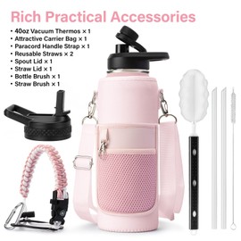 DYSANKY Insulated Water Bottle | Thickened Stainless Steel Vacuum Metal Thermos | Portable Sports Water Jug for Gym and Hiking with Straw, Carrier Bag, Handle Strap | BPA-Free 40 oz, Pink