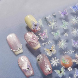 Butterfly Nail Stickers for Nail Art, 1 Sheet 5D Embossed Nail Art Stickers with Shiny Rhinestone, Self-Adhesive Nail Design Stickers Decals for Women Girls, DIY Manicure Art Decorations