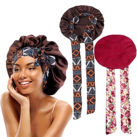 2PCS Satin Bonnet, Large Silk Bonnet for Sleeping Adjustable Silk Hair Bonnets Bath Hair Cap Hair Wrap with Elastic for Women Long Curly Braid (Brown, Red)