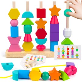 Montessori Wooden Beads Sequencing Toy Set, XICEN Stacking Blocks & Lacing Beads & Matching Shape Stacker for 3+ Year Old STEM Preschool Learning Montessori Toys Gifts for Kids Boy Girl