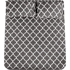 Utopia Bedding Printed King Sheet Set - 1 Fitted Sheet, 1 Flat Sheet and 2 Pillowcases - Soft Brushed Microfiber Fabric - Shrinkage and Fade Resistant (King, Grey Quatrefoil with White Pattern)