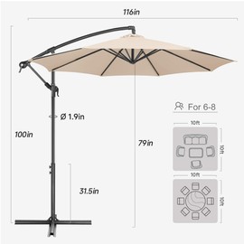 FLAME&SHADE 10ft Cantilever Patio Umbrella Outdoor, Large Offset Umbrella with Crank and Cross Base, UPF 50+ UV Protection Hanging Umbrella for Pool Deck Garden, Beige