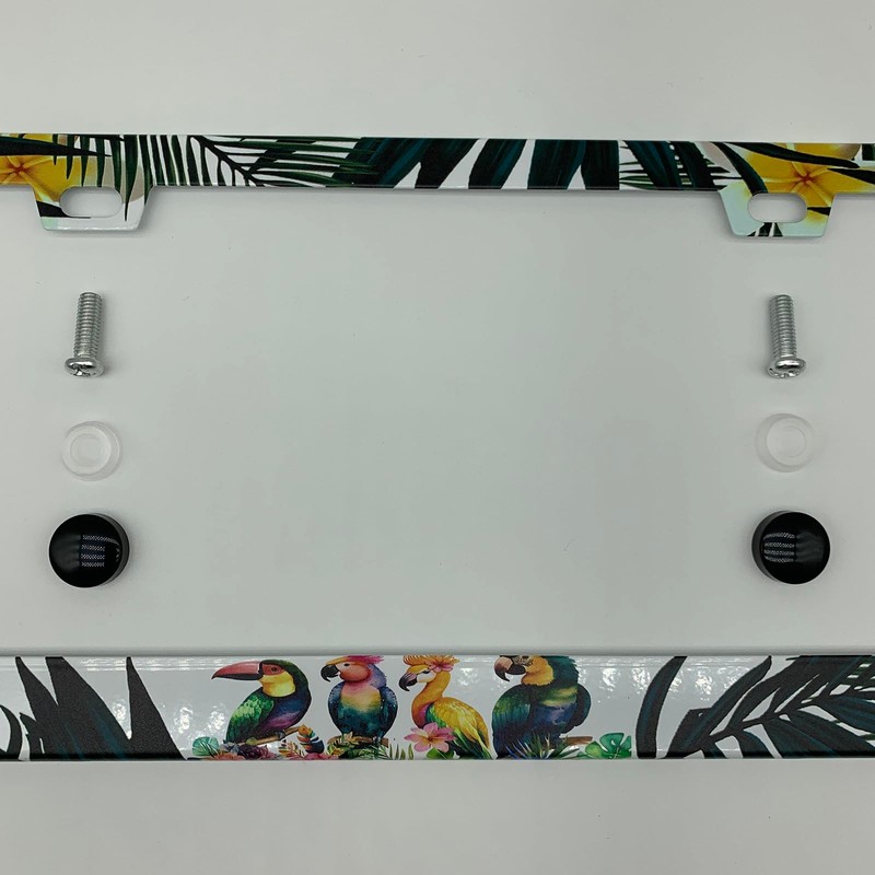 Supdanautodechere Tropical Parrots with Green Palm Leaves License Plate Frame,