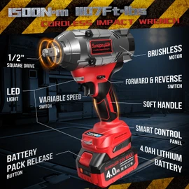 SundpeyPRO Cordless Impact Wrench 1107Ft-lbs(1500N·m) - 1/2" 21V High Torque Brushless Power Impact Gun with 2x4.0Ah Batteries & 6 Sockets & Fast Charger & Case for Car & Truck & RV & Heavy Duty Use