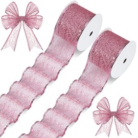 2 Rolls 20 Yards Christmas Ribbon Wired Metallic Ribbons Champagne Glitter Lace Ribbon for Xmas Crafts Valentine Floral Bow Making DIY Gift Wrapping Wedding Party Decor (Pink,2.5 Inch)