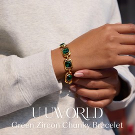 18K Gold Plated Paperclip Chain Bracelet for Women, Vintage Luxury Square Green Glass Pendant & Tail Tag Bracelet, Stainless Steel Hypoallergenic Waterproof Tarnish Resistant Statement Jewelry