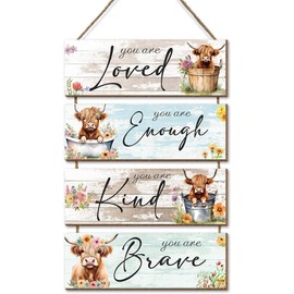 Highland Cow Decor Wall Art, 4Pcs Inspirational Wall Decor Sign With Rope, Rustic Farmhouse Wall Decor, Highland Cow Wall Decor for Bathroom Dining Room Bedroom Living Room Kitchen Farmhouse