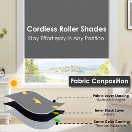 TOVALOR Cordless 100% Blackout Roller Shades for Windows,UV Protection Pull Down Shades,Room Darkening Door Blinds Thermal Insulated Fabric for Home Office and Bedroom(14" W x 72" H,Grey)