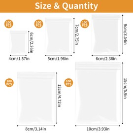 KATIMI 500 Pieces Small Plastic Bags Sealable, 5 Sizes Clear Small Baggies, Thickened Resealable Freezer Bags, Reusable Grip Seal Bags for Packaging Kitchen Jewellery Candies Storage